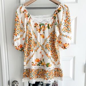 Artelier by Nicole Miller Fruit Citrus Floral Linen Blend Boho Top XS